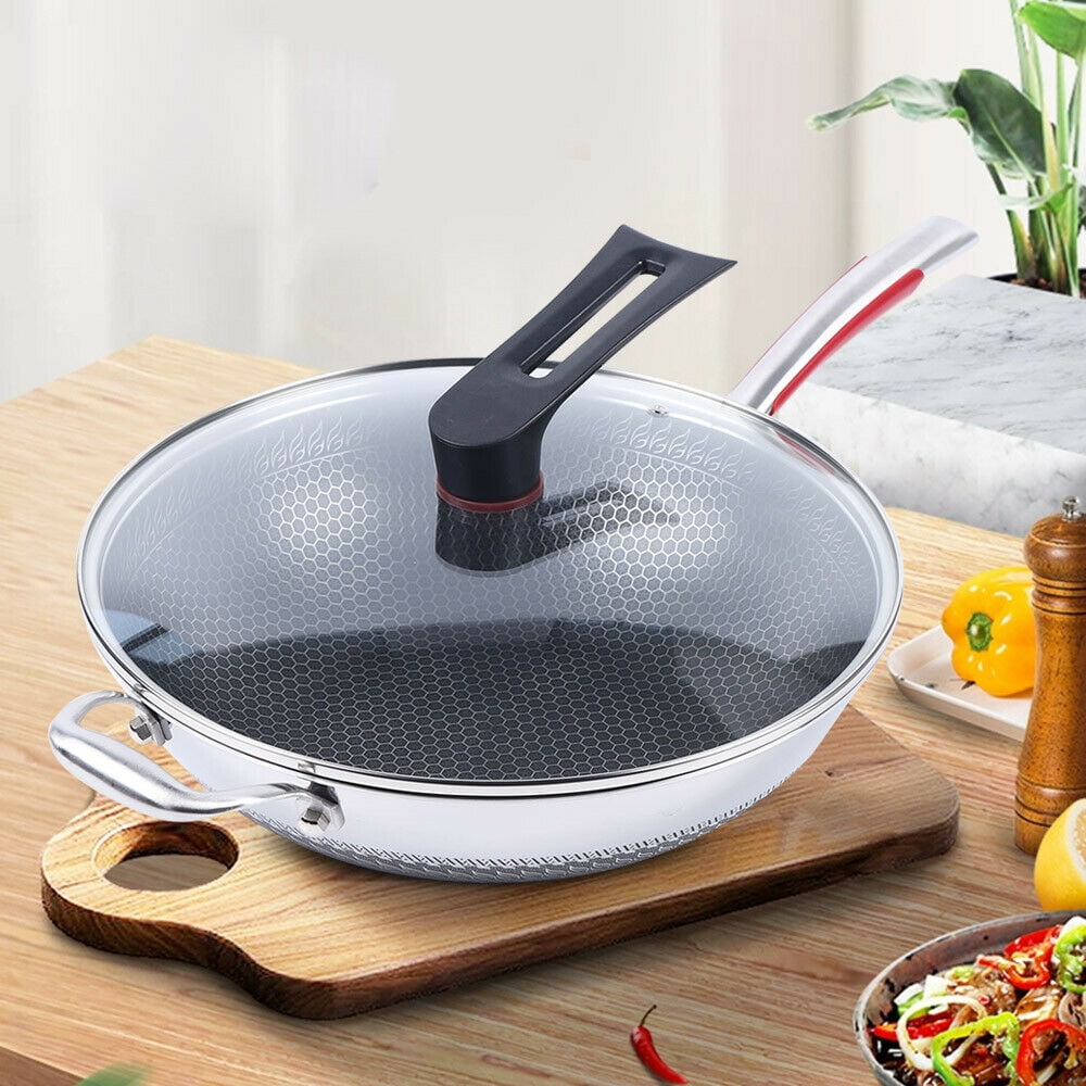 DENEST 34cm Stainless Steel Wok Saute Pan Frying With Lid Double Sided ...