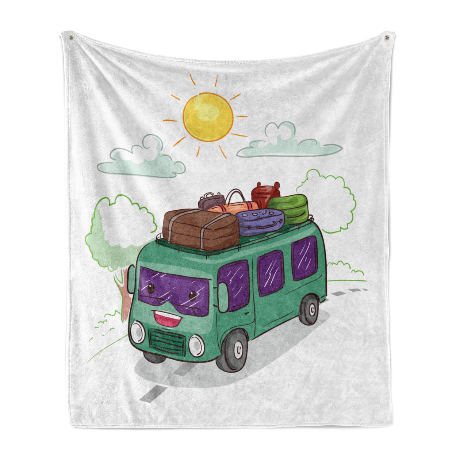Camper Soft Flannel Fleece Throw Blanket, Bus Loaded with Luggage Cruising in the Countryside