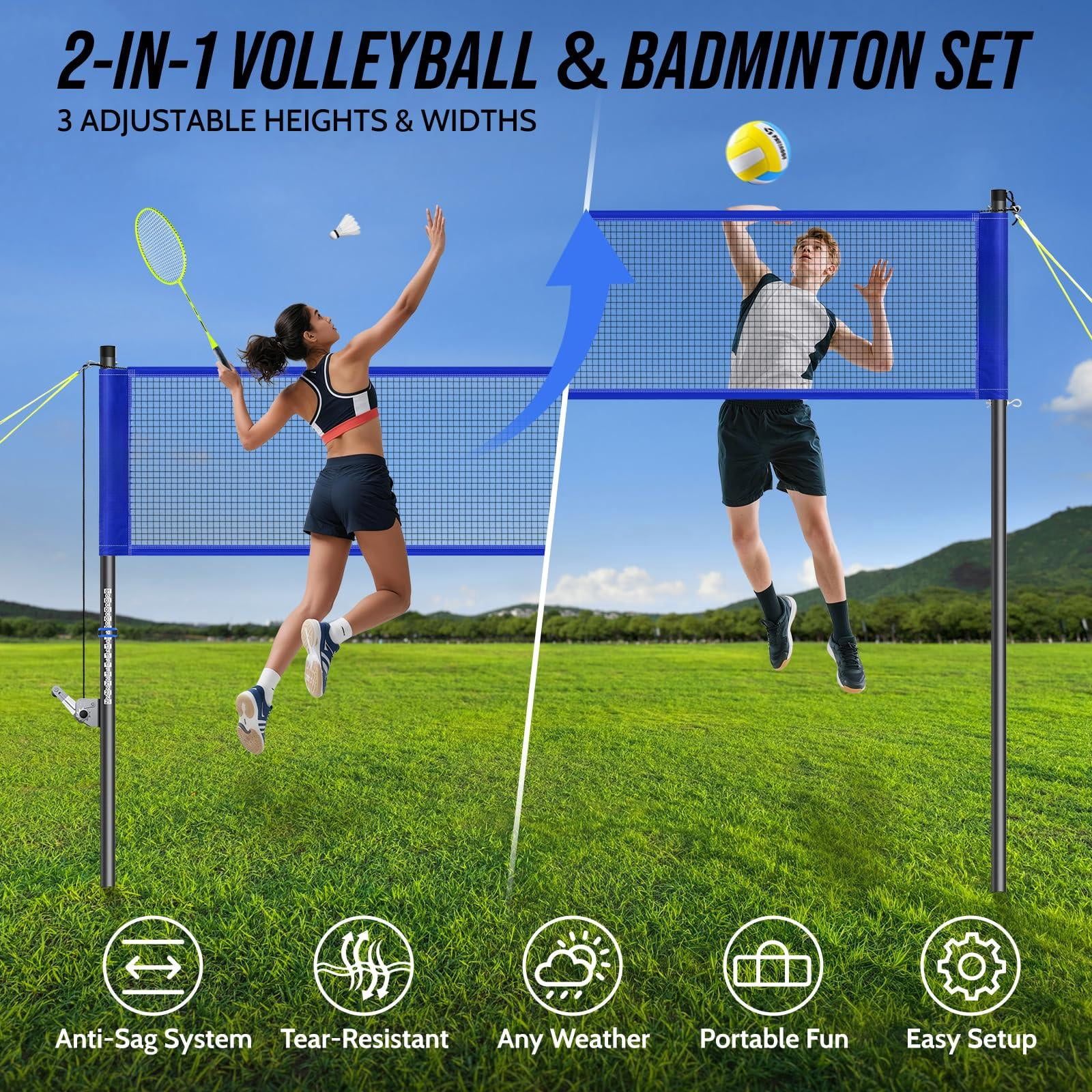 Volleyball Badminton Net Set Combo For Backyard Beach  2-in-1 Adjustable With 4 Heights (5.1-8ft) & 3 Widths (20-32ft) 4 Aluminum Rackets Goose Shuttlecocks Carrying Bag