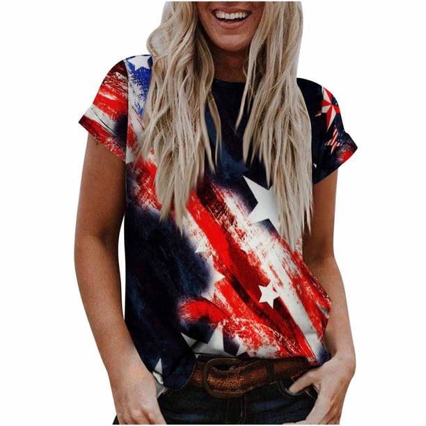 Tops de mujer Moda Casual Blusa suelta Bandera del Día de la Independencia Impresión de cuello redondo Camiseta Camisas Blusa Camiseta estampada Pompotops hfajkhk129835
