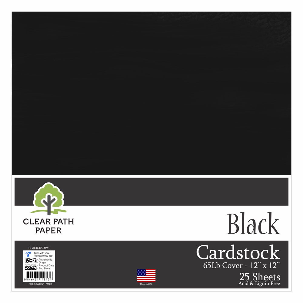 Black Cardstock - 12 x 12 inch - 65Lb Cover - 25 Sheets - Clear Path