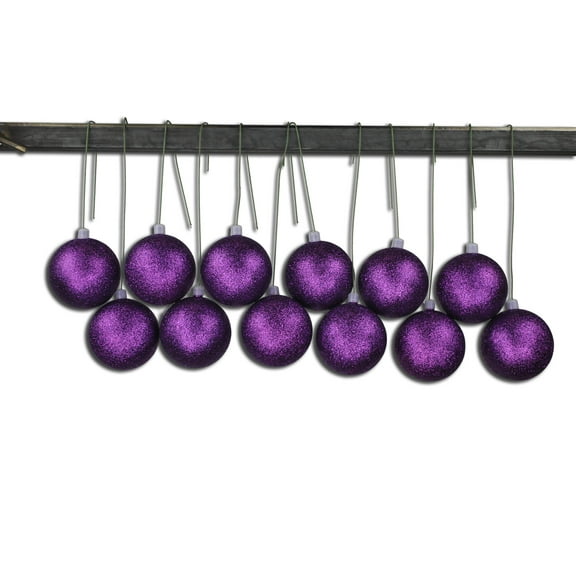 12 Pack 80mm 3" Purple Glitter Ball Ornament with Wire