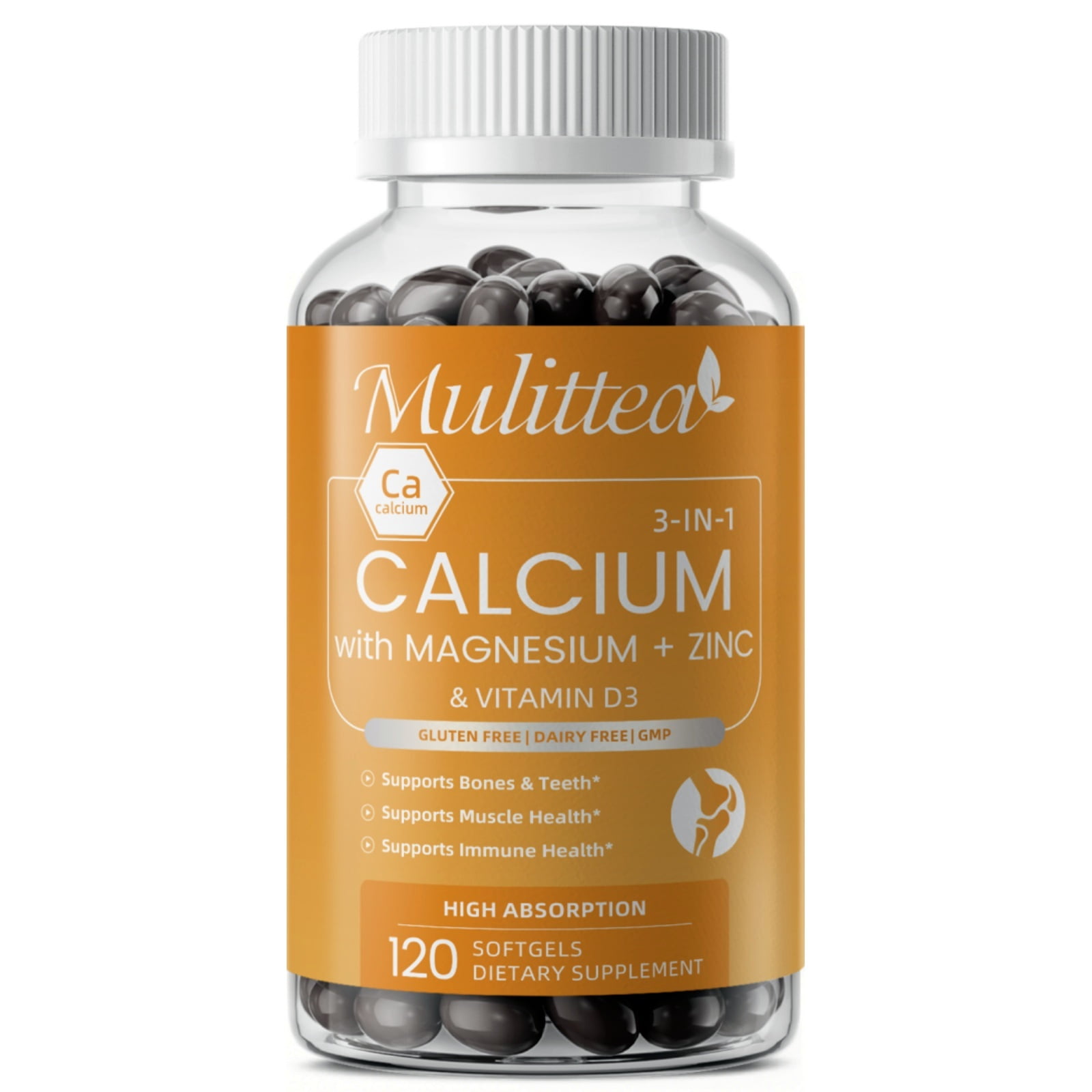 Mulittea Calcium Magnesium Zinc with Vitamin D3, Bone & Teeth Support Supplement, Supports Heart & Immune Health, 120 Capsules