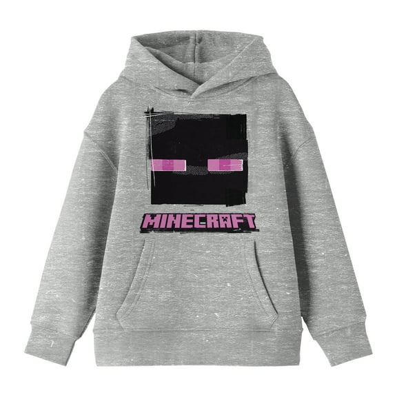 Minecraft Enderman Face Long Sleeve Athletic Heather Youth Hooded Sweatshirt-Medium