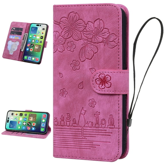 Nalacover for Google Pixel 7A Wallet Case, Flower Cat Embossed Pattern Magnetic Premium PU Leather Soft Silicone Shockproof Cover with Card Slots Holder Kickstand Flip Folio Case,Rose