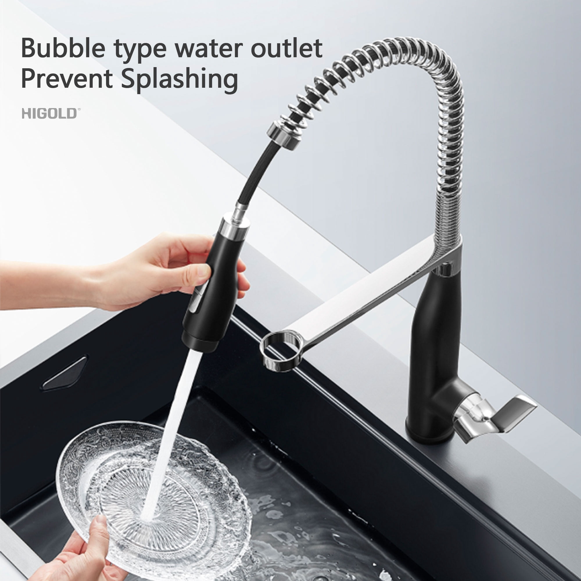 HIGOLD BN3.0 Pull Down Kitchen Faucet with Spring Neck Design, Stainless Steel and Matte Black Finished