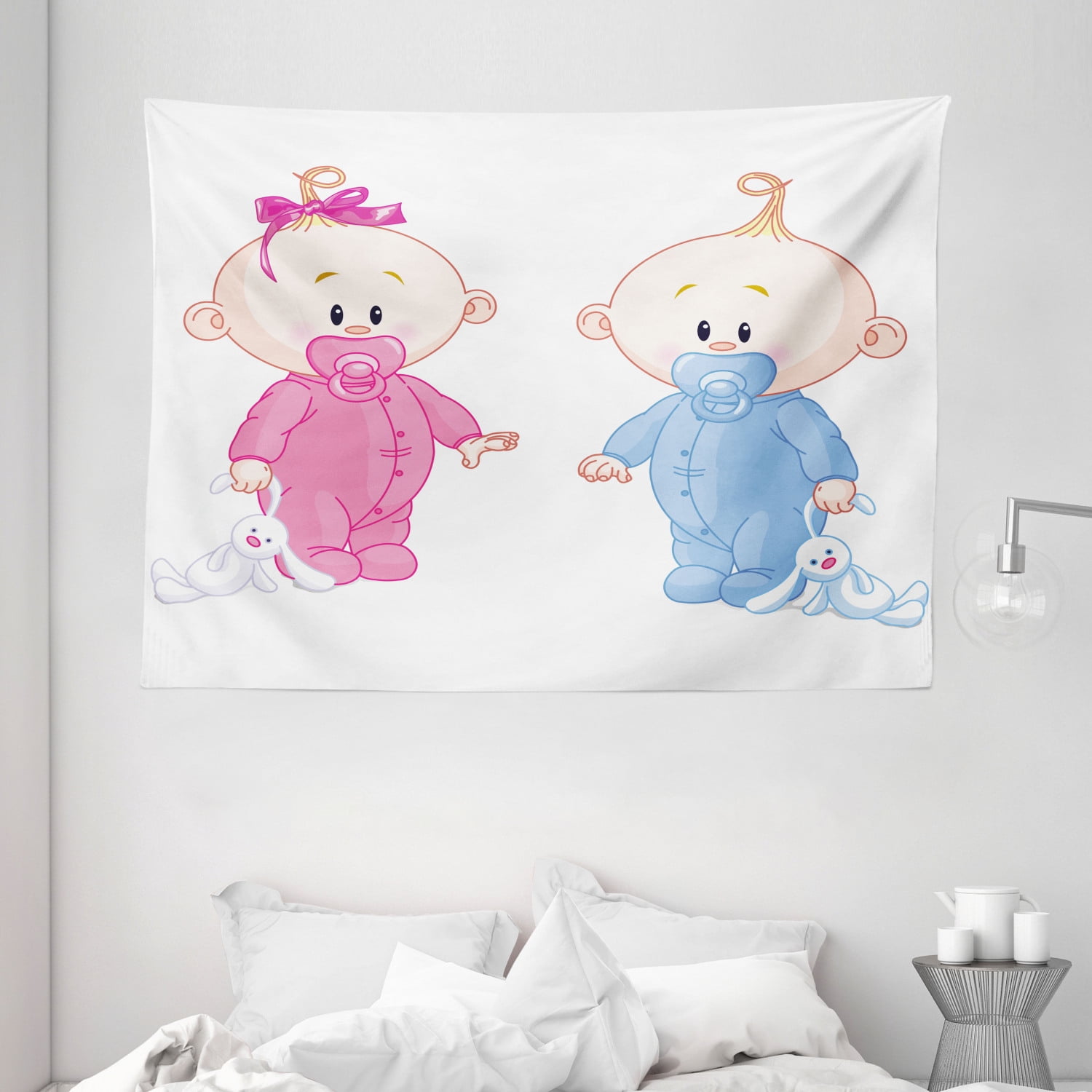 Gender Reveal Decorations Tapestry, Cheerful Boy and Girl with Bunny
