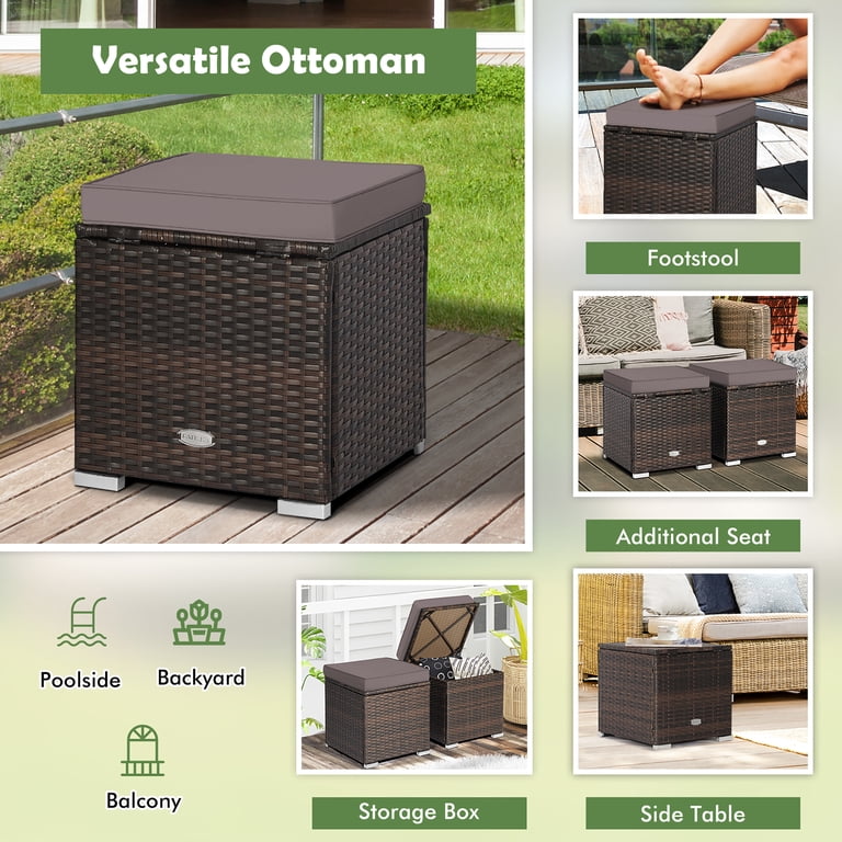 Gymax 2-Piece Outdoor Wicker Ottomans with Storage photo 7