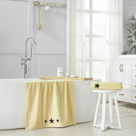 VHC Brands Black Stars Creme Bath Towel Set of 2 27x54