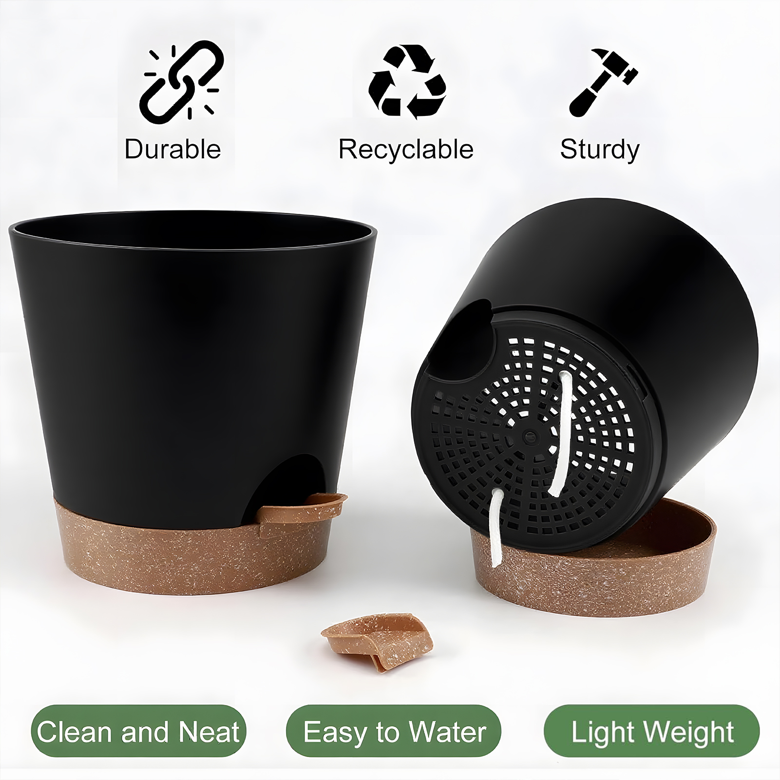 West Bay 6-Pack Self-Watering Plant Pots with Drainage, Black photo 3