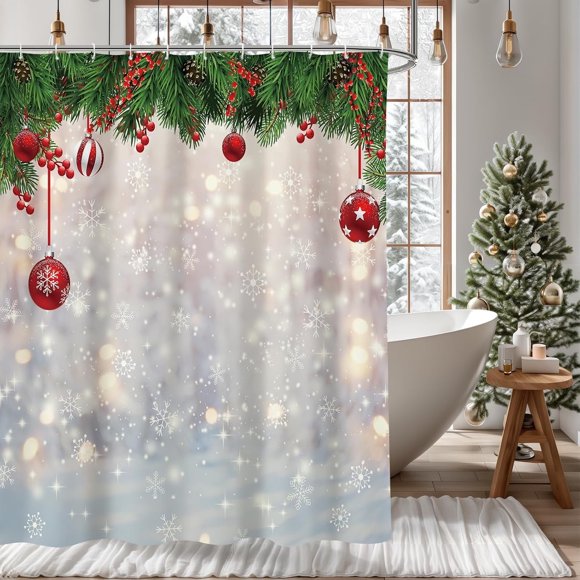 Christmas Shower Curtain Xmas Shower Curtain Winter Wonderland Snowflake Pine Tree Leaves Shower Curtain for Bathroom Decor Washable Durable Fabric Bathroom Curtains 72x72 in