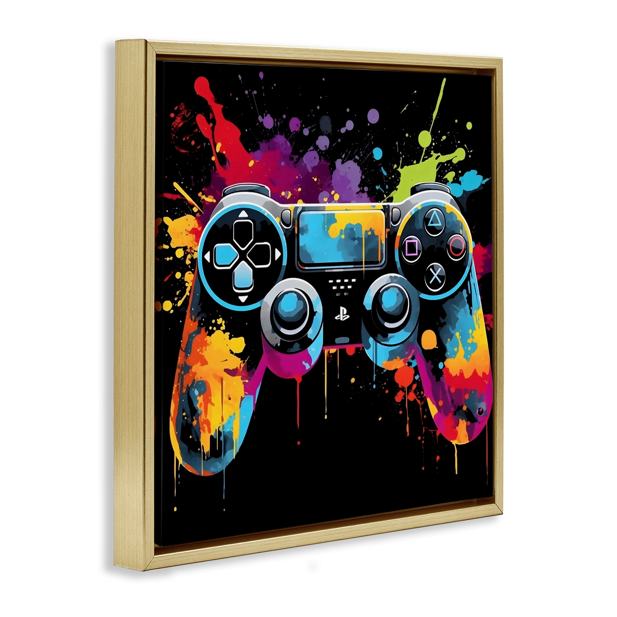 Stupell Industries Paint Splash Game Controller Gold Framed Floater Canvas Wall Art, design by Creative Studio