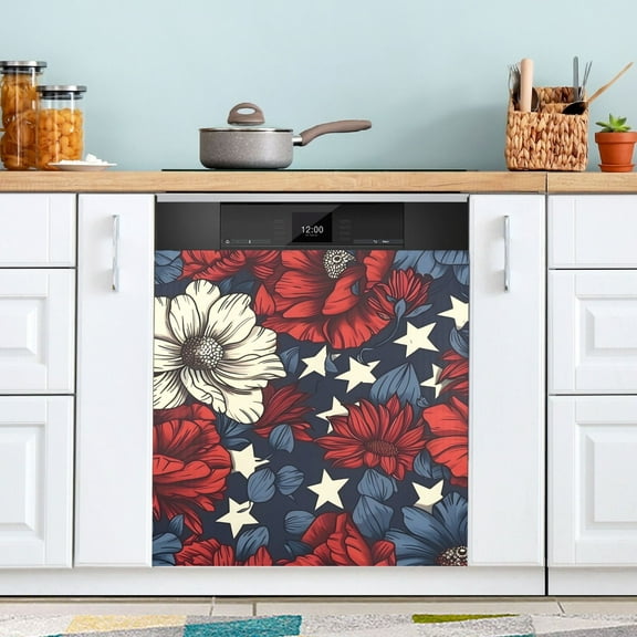 Usa Flag Patriotic Floral Dishwasher Magnet Cover Magnetic Fridge Door Cover Home Kitchen Decor 23"x 26"