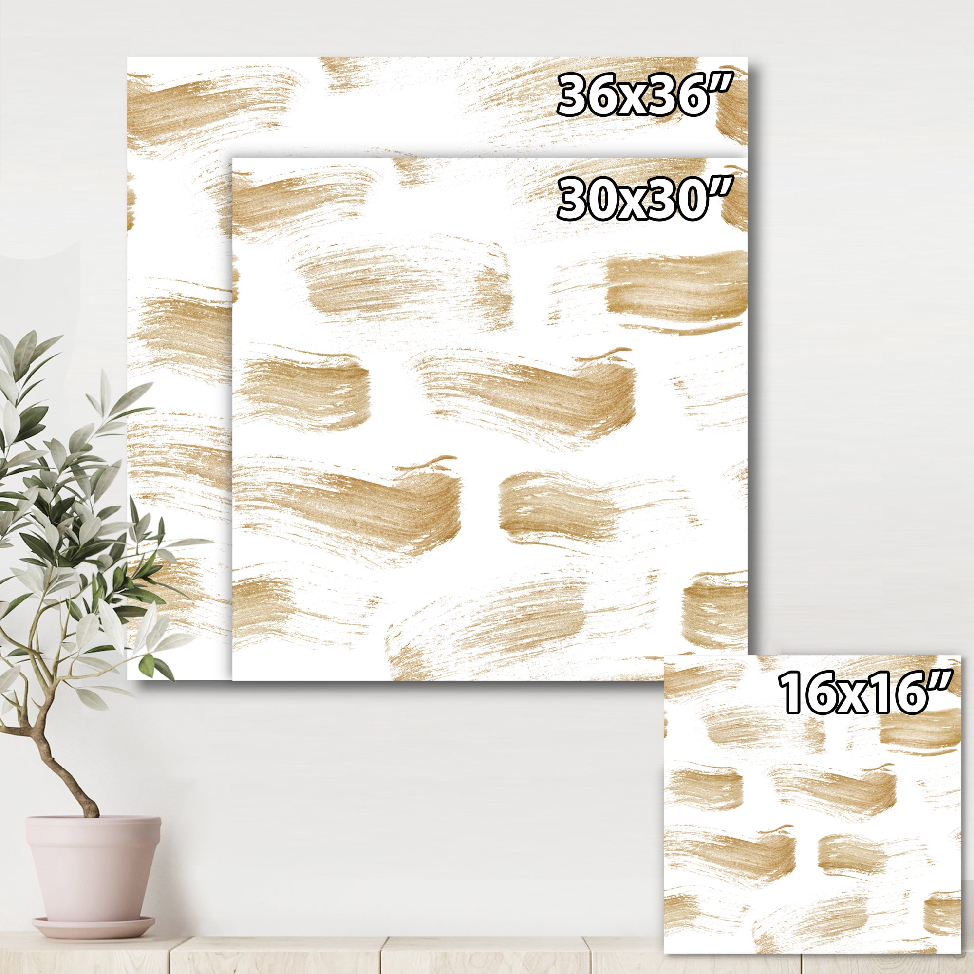 Designart ' Golden Abstract Brush Strokes ' Modern Canvas Wall Art Print