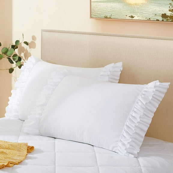 Ruffled Pillow Cases Standard Pillowcases(20x26), Decorative Ruffle Pillowcases - White Pillow Cases Set of 2, Scalloped Euro Sham Farmhouse Pillow Shams with Envelope Closure
