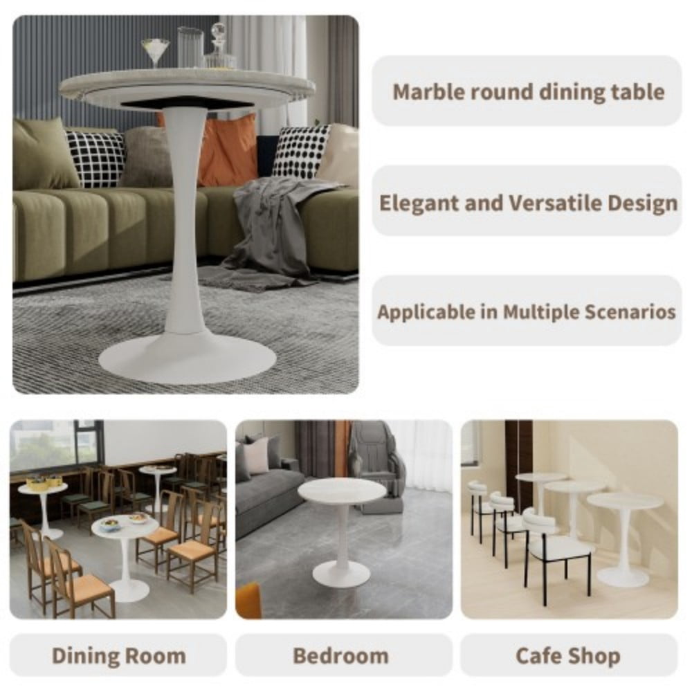 27.6" Round Coffee Table, White Veined Marble-Look Top with White Pedestal Base, Mid-Century Modern Dining Table for 2-4, Living Room