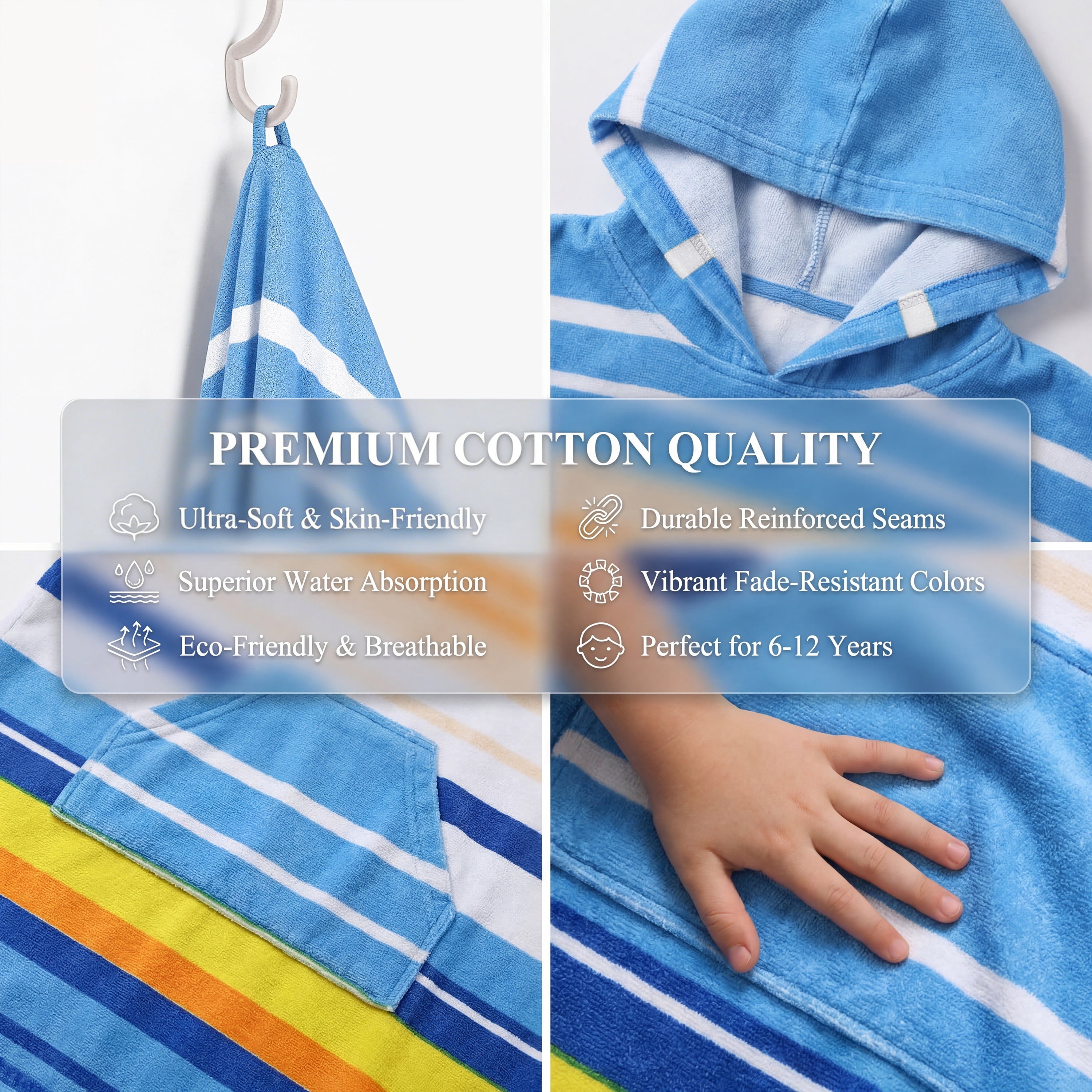 Catalonia Kids Hooded Poncho Towel, 100% Cotton Absorbent Changing Robe for the Beach, Pool, and Bath, Cute Gifts for Childrens (Boys and Girls), Blue Stripe