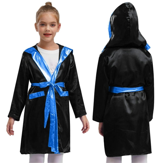 TiaoBug Kids Boys Boxing Robe Metallic Hooded Boxing Tops Cloak Boxer Long Sleeve Open Front Hooded Cloak with Belt Set Black&Blue 12