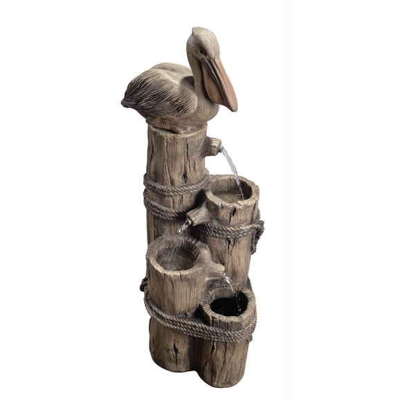Teamson Home Outdoor Tiered Pelican and Wooden Post Waterfall Fountain, Brown
