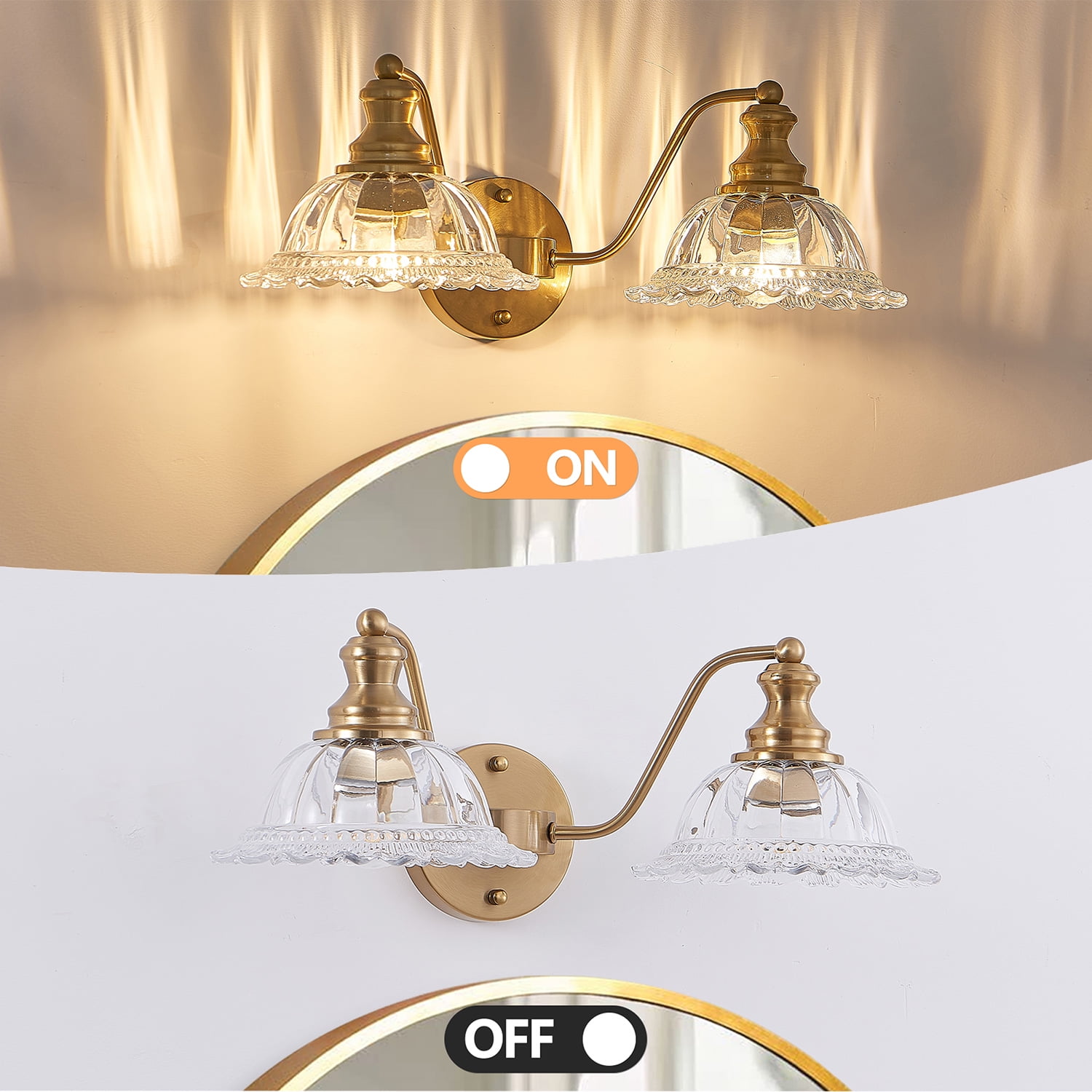 Gold Iron and Glass 2-Light Vanity Lighting Fixture for Elegant Bathrooms