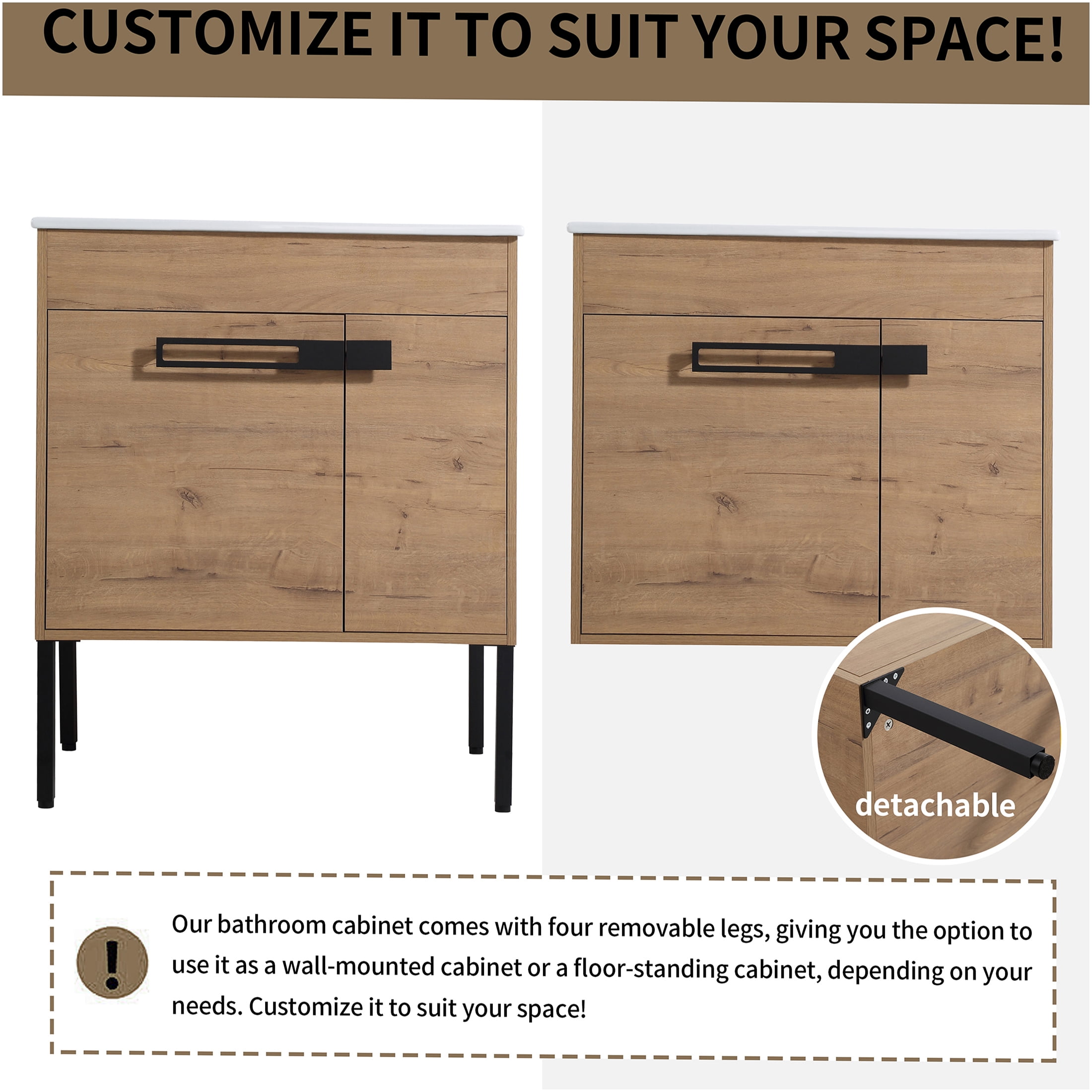 JERFIT 30 Inch Bathroom Vanity with Ceramic Sink, Freestanding or Wall-Mounted Modern Cabinet with Soft Close Doors, Adjustable Shelf, Imitative Oak Finish