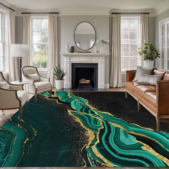 Area Rug for Living Room, Green Marble Non-Slip Indoor Large Carpet for Bedroom/Dining Room, Gold Abstract Vintage Modern Ombre Art Washable Low-Profile Rectangle Floor Runner Rugs - 6 x 9 Ft