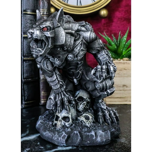 Steampunk Robotic Werewolf Crushing Skull Statue Lycan Cyborg Wolf Figurine