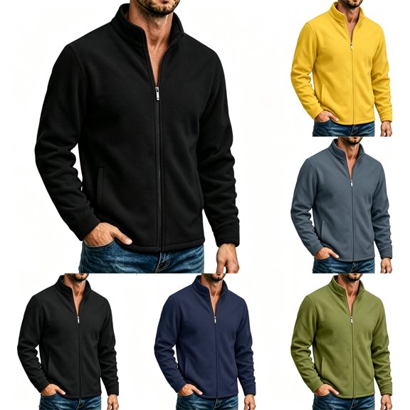 Nmnitkp Men's Full Zip Stand Collar Polar Fleece Jacket Lightweight Warm Long Sleeve Fleece Coat Casual Outerwear Fall Winter Layering for Hiking Daily Work Outdoor Wear Black,S