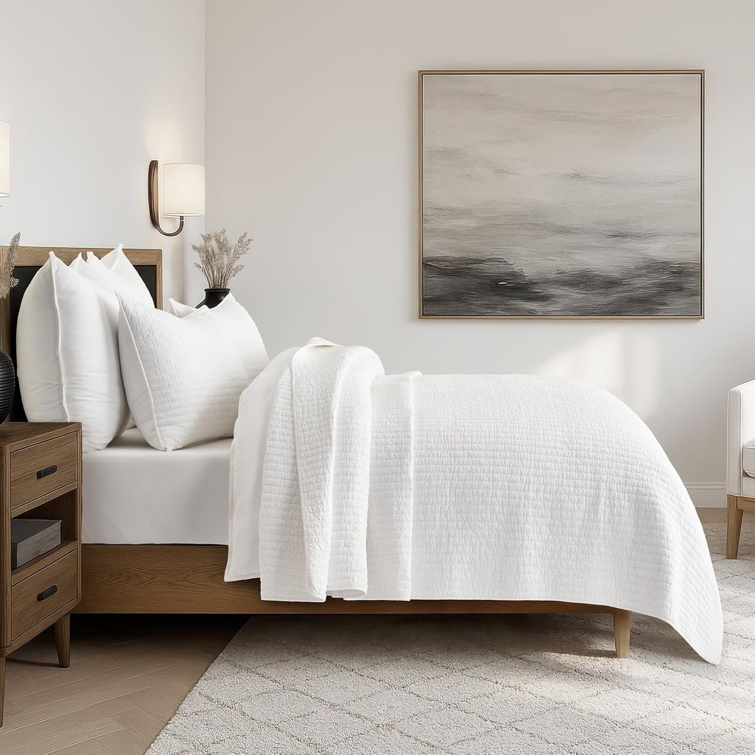 EVERGRACE Cross Stitch Pre-Washed Cotton Quilt Bedding Set King Size, Oversized 3 Pieces Lightweight Bedspread Coverlet for All Season, with 2 Matching Shams, Bright White,108"x96"