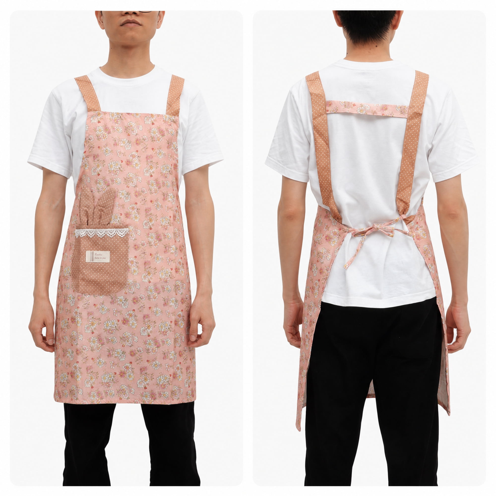 Unique Bargains Flower Pattern Kitchen Cooking Aprons for Home Pink