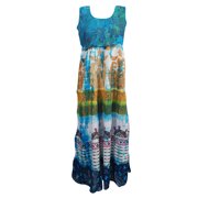 Mogul Women's Sundress Blue Cotton Ethnic Print Tie Back Sleeveless Long Dresses