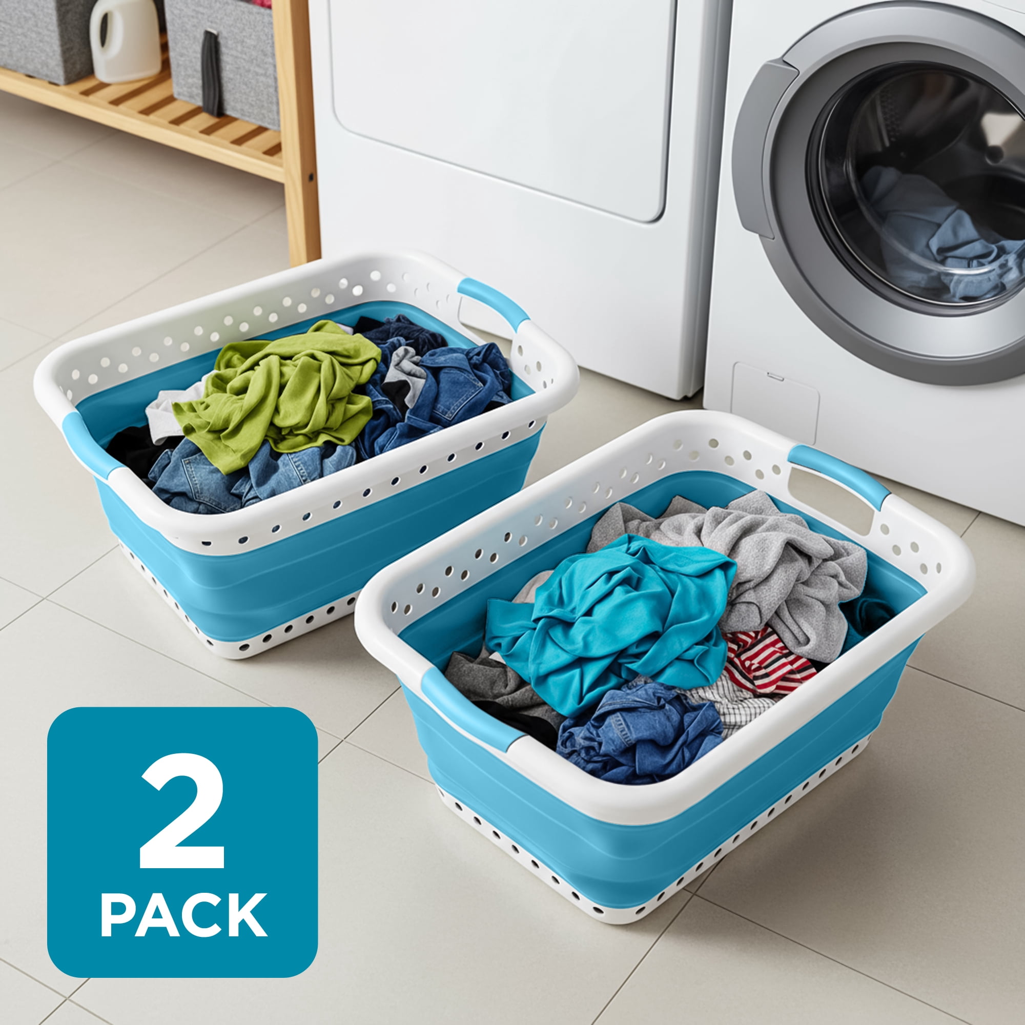 BLACK + DECKER Collapsible Laundry Basket with Handles, Space-Saving Design, Teal, 2-Pack
