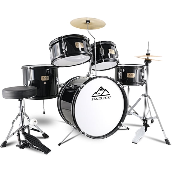 EASTROCK 5-Piece Junior Drum Set - 16 Inch Kids Drum Kit with Throne, Cymbal, Pedal & Sticks for Teenagers (Black)