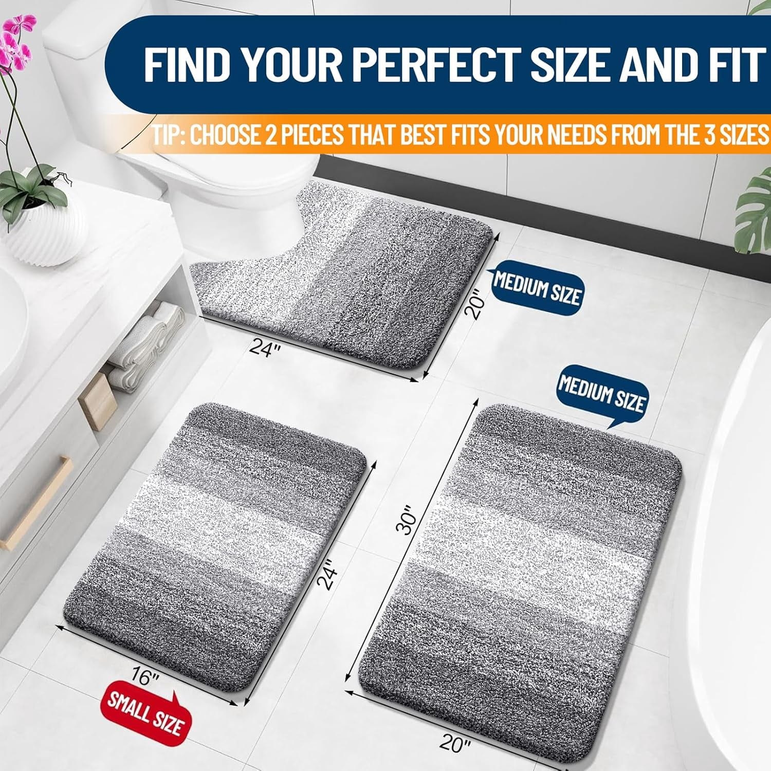 Lanola Bathroom Rug Set 2 Piece, Soft Absorbent Microfiber Bath Mats and U-Shaped Contour Toilet Rug, Non-Slip, Machine Wash Dry, Plush Shaggy Bath Mats for Bathroom (24"x16"+24"x20", Grey)