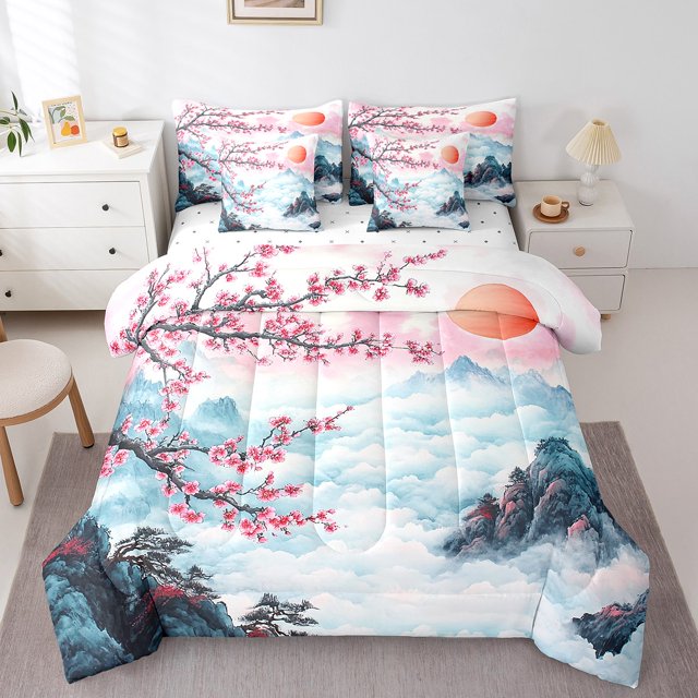 Erosebridal Ensemble de Literie Style Japonais Dessin Animé Grand Lit, Ensemble de Lit Fleurs de Cerisier, Réversible 7 Pcs