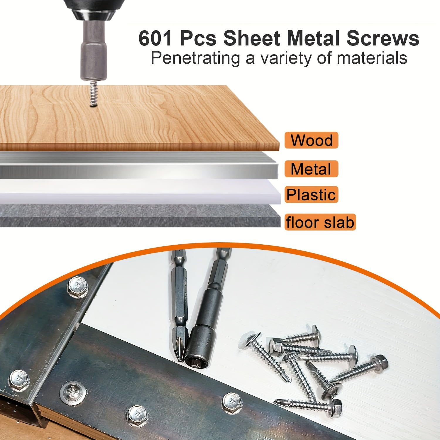 410 Stainless Steel #8 Self Tapping TEK Screws Assortment Kit, 600pcs - Hex Washer Head Self Drilling Screws for Metal & Furniture Building/Repair (1/2", 3/4", 1" Lengths) Includes Free Hex Socket