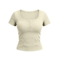 thumbnail image 5 of ClodeEU Women's Square Neck Henley Button Short Sleeve T-Shirt,Slim Fit Solid Color Casual Summer Top Beige,Women's Plus S, 5 of 6