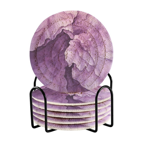 Abstract Purple Flower Drink Coasters with Holder Absorbent Coaster for Coffee Table Room Decor 6 Pack