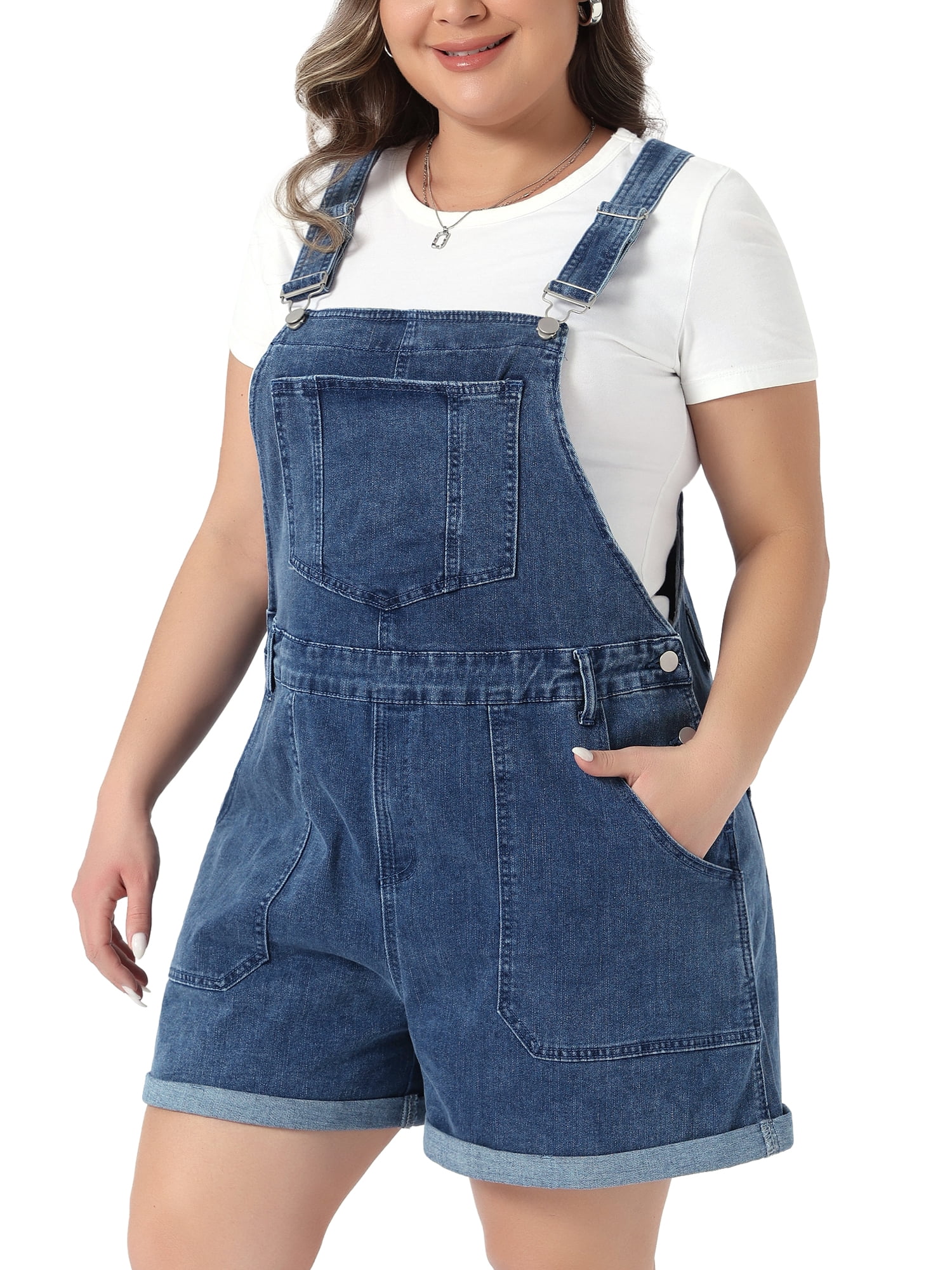 DARING DIVA Women's Plus Denim Overall Adjustable Straps Shorts 3X Gray Blue