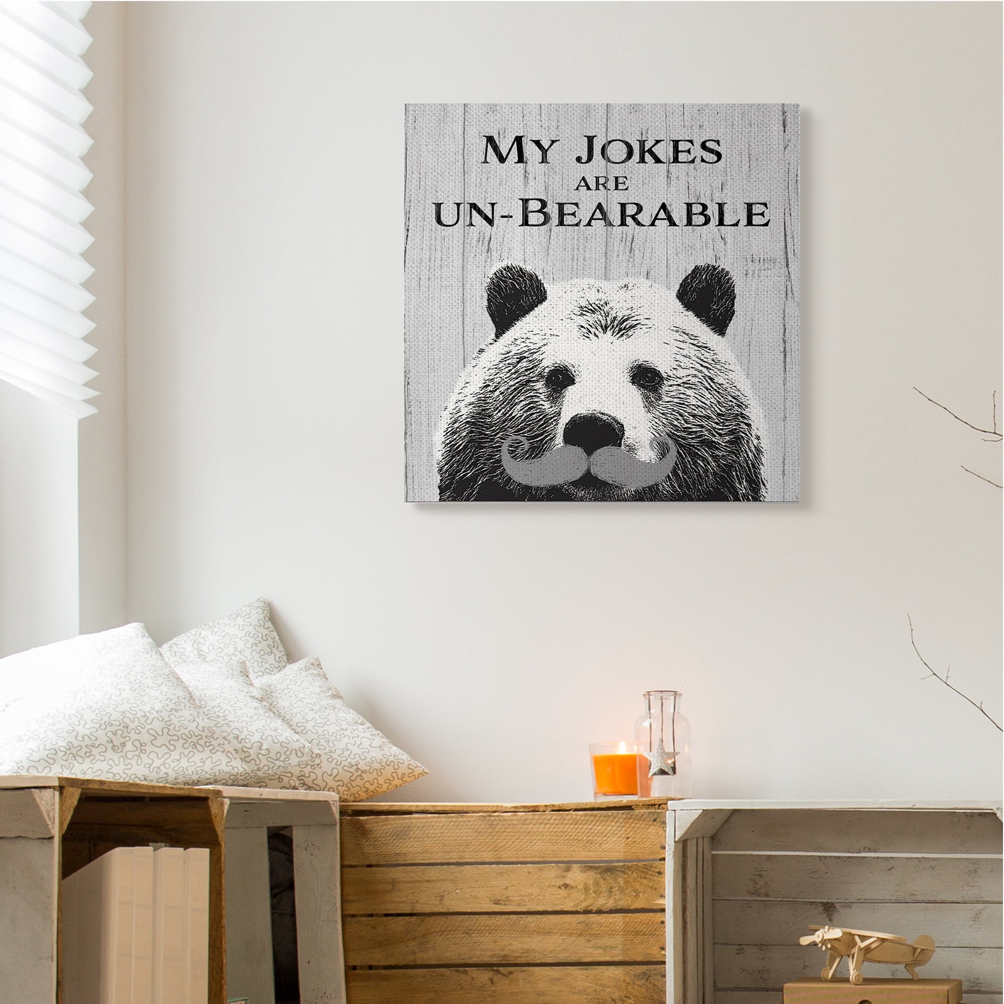 Stupell Industries My Jokes are Un-Bearable Pun Animal Mustache Animals & Insects Painting Gallery Wrapped Canvas Art Print Wall Art, 30 x 30
