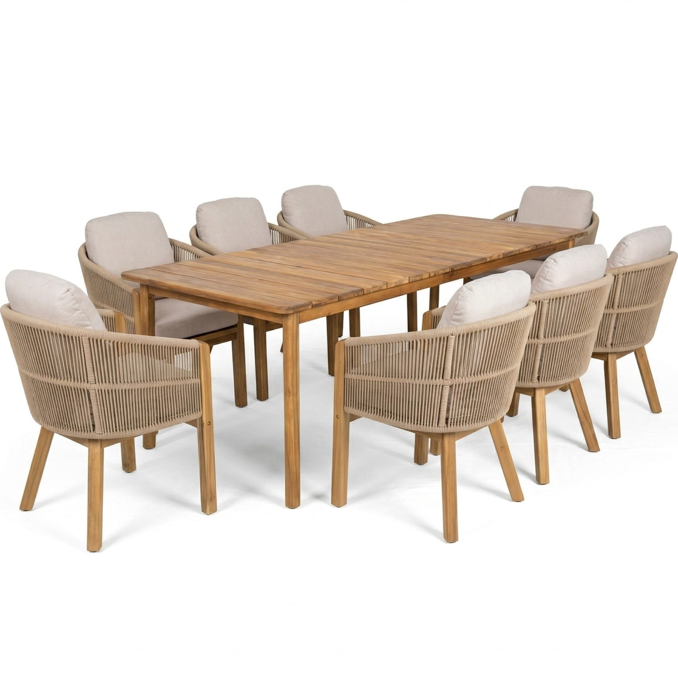 Christopher Knight Home 9-Piece Outdoor Dining Set, 79" Table and Rope Chairs with Beige Cushion, Teak Finish