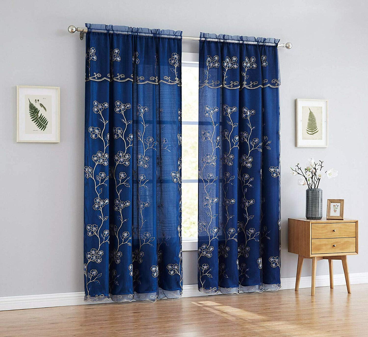 Set Of 2 Luxury Carly Sheer Embroidered Curtains Panels