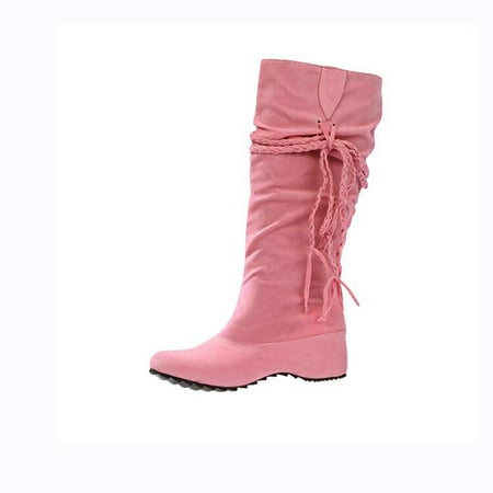 

jsaierl Women s Winter Frosted Tassel Boots With High Tube Round Head And Low Heel