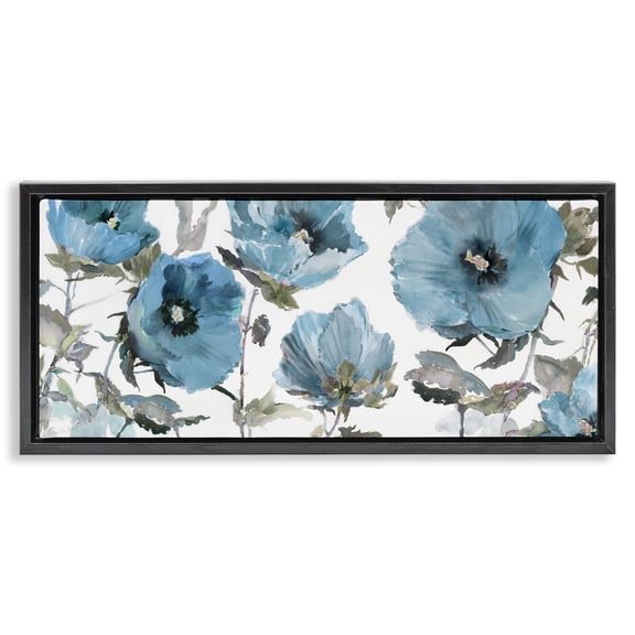 Stupell Industries Blue Poppies on White Floral Painting Black Floater Framed Canvas Art Print Wall Art, 25 x 11
