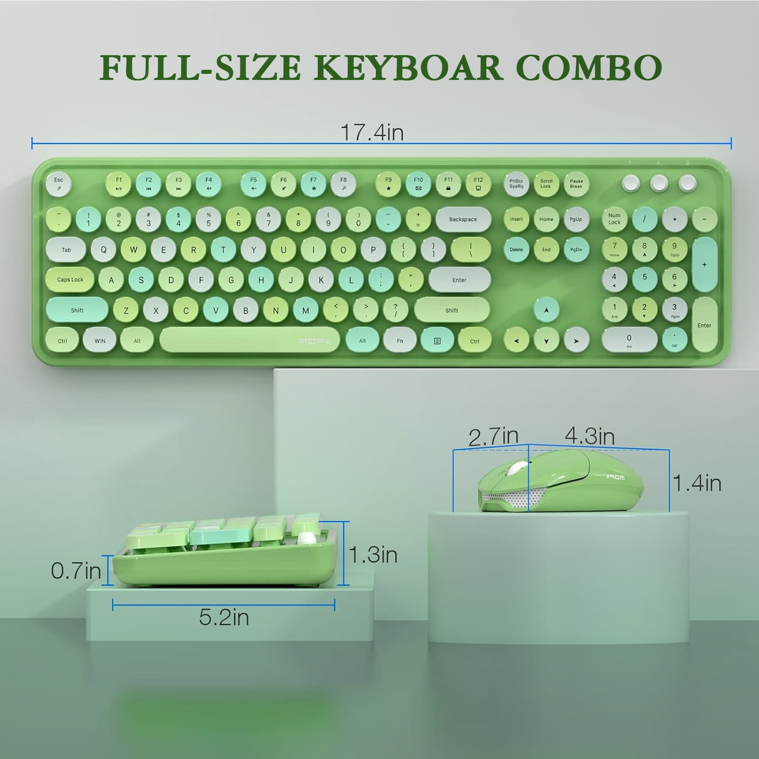 MOFII Wireless Keyboard and Mouse Combo 2.4GHz Retro Full-Size Keyboard with Number Pad and Cute Wireless Mouse for PC Desktop Laptop Mac Windows (Green)