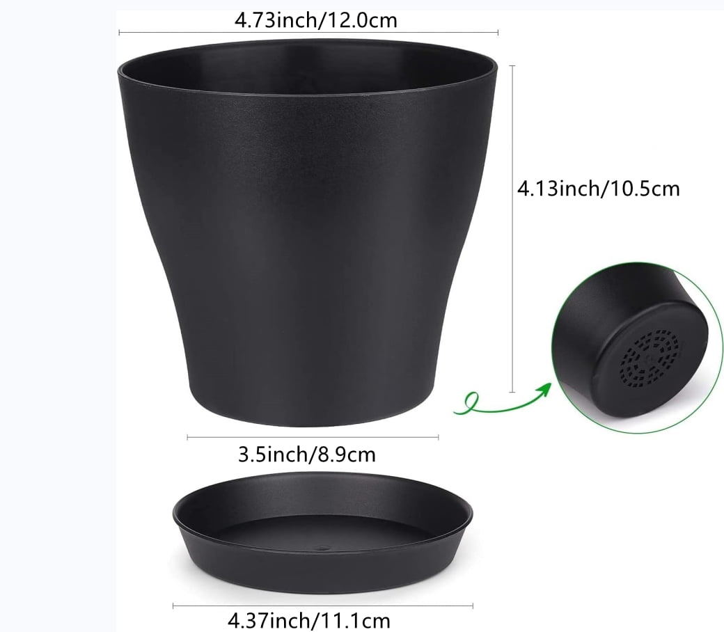 Plastic Planters Indoor Set of 8,Topboutique Flower Plant Pots Decorative Gardening Pot with Drainage and Saucer for All House Plants, Herbs, Foliage Plant, and Seeding Nursery Pots (4.7", Black)