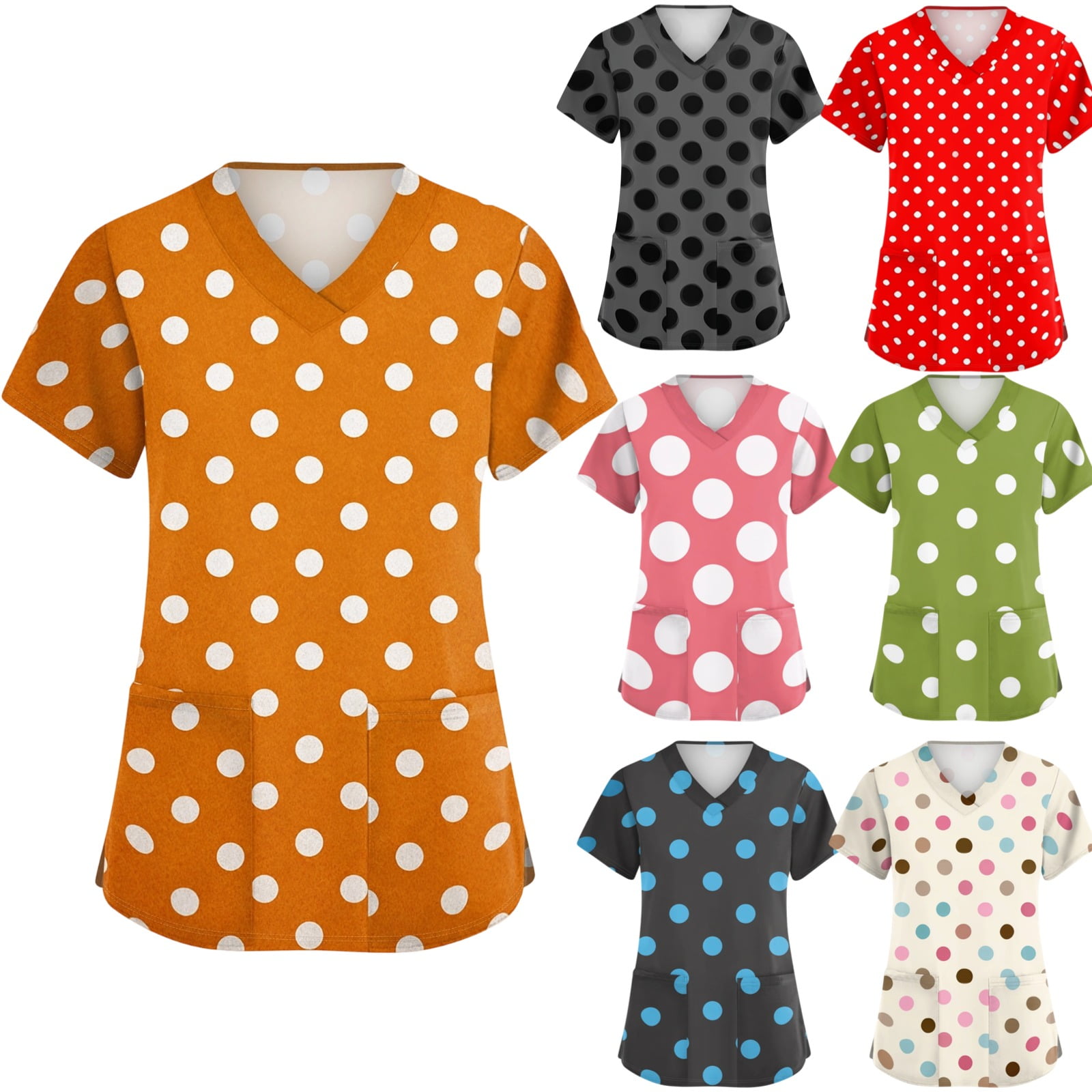 Scrub Tops Women Polka Dots V Neck Plus Size Scrubs Tops Nurse Scrubs Stretchy Summer Holiday Short Sleeve Trendy Side Slits Uniform Workwear With Pockets Yellow S