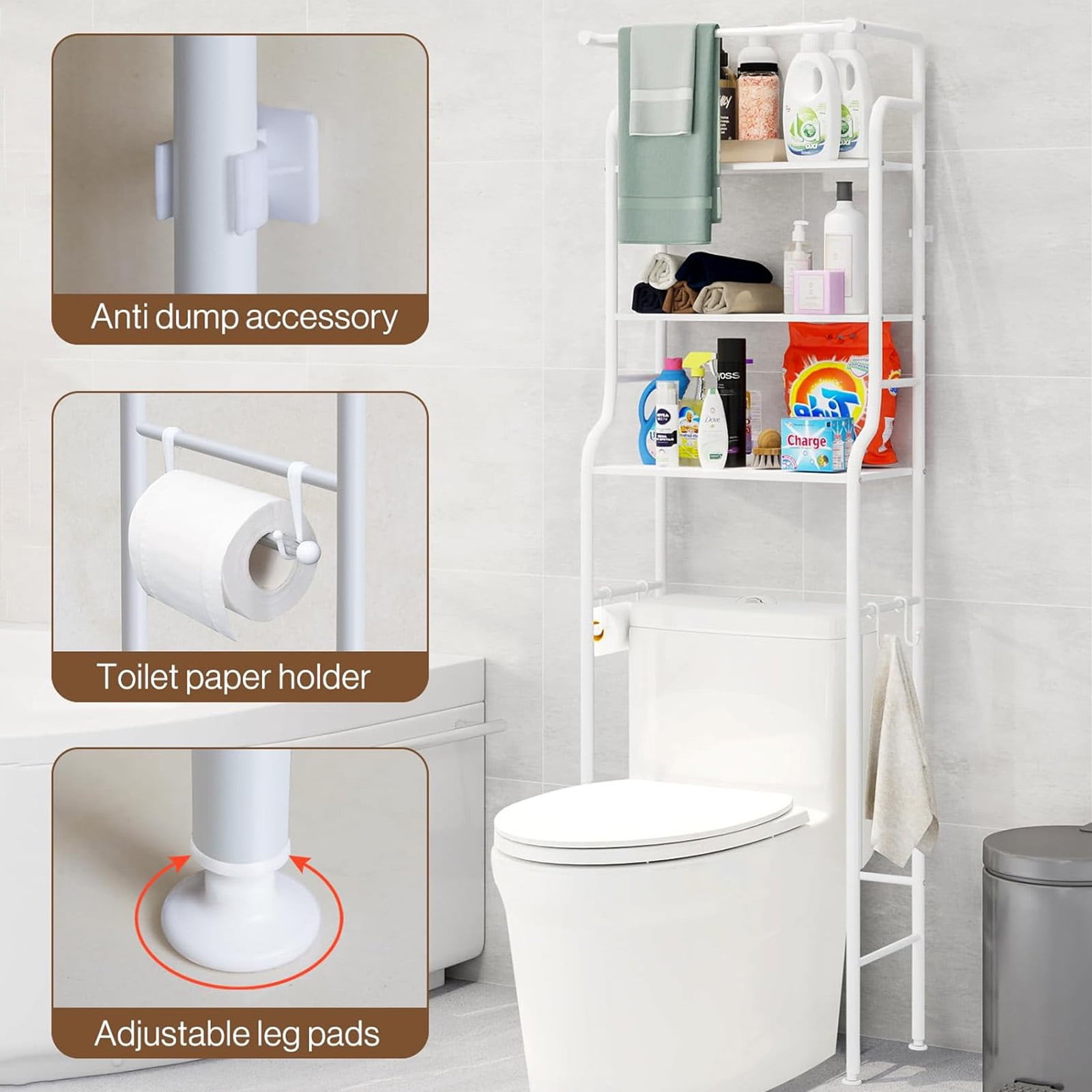 SUSUZI Over the Toilet Storage Rack 3-Tier Bathroom Organizer Shelf Metal Bath Shelves Freestanding Above Toilet Stand for Bathroom Laundry, White