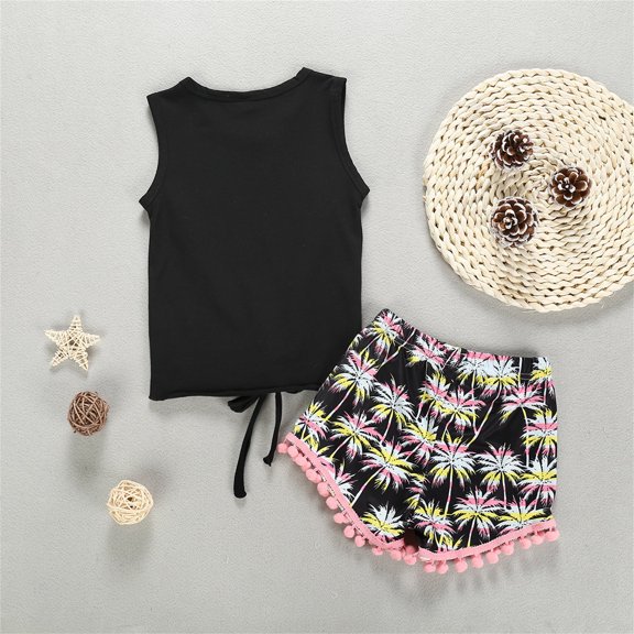 Vedolay Shorts Sets Girls 2 Piece Girls Summer Outfits Striped Print Halter Neck Tank Tops and Elastic Waist Shorts Clothes Set,Black 3-4 Years
