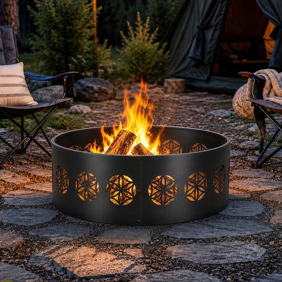 Ktaxon 32 inch Round Iron Fire Ring, Everlasting Flower Pattern for Patio Backyard Camping, Black